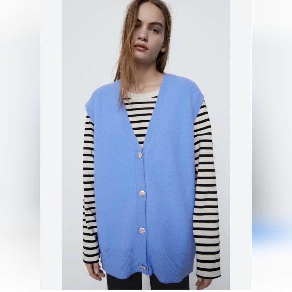 Zara Oversized Jewel Crystal Button Sleevless Blue Vest Small